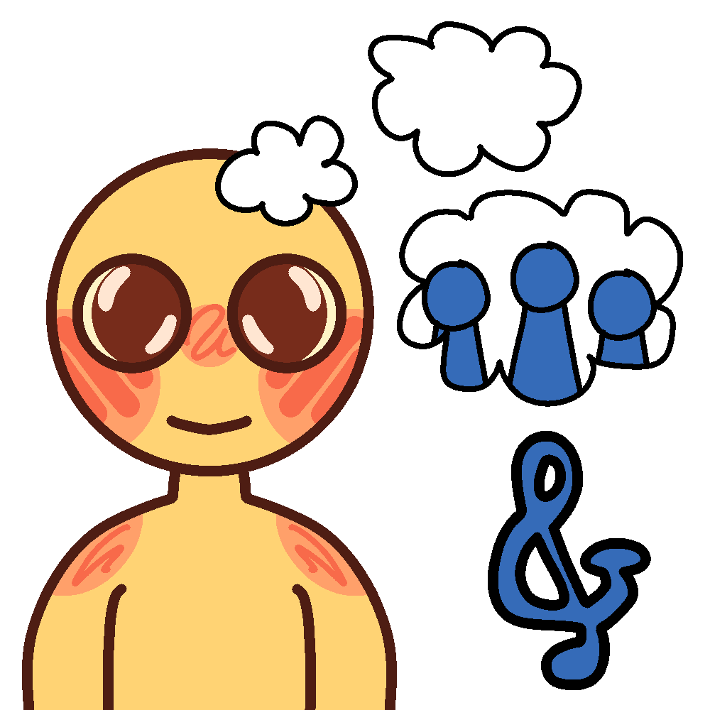 A basic yellow emoji-figure with big brown eyes and red-blush effects on their cheeks and shoulders stare a the camera. They have a thought bubble showing that they are thinking of their system, which are represented by blue figures. Beneath the thought bubble, there's a blue treblesand (a combination of a treble clef and ampersand) 